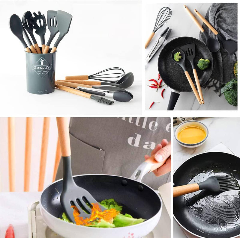 Kit com 12 Utensílios De Cozinha em Silicone e Madeira de Bamboo - Loja FT