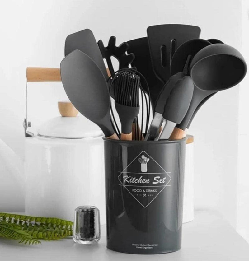 Kit com 12 Utensílios De Cozinha em Silicone e Madeira de Bamboo - Loja FT