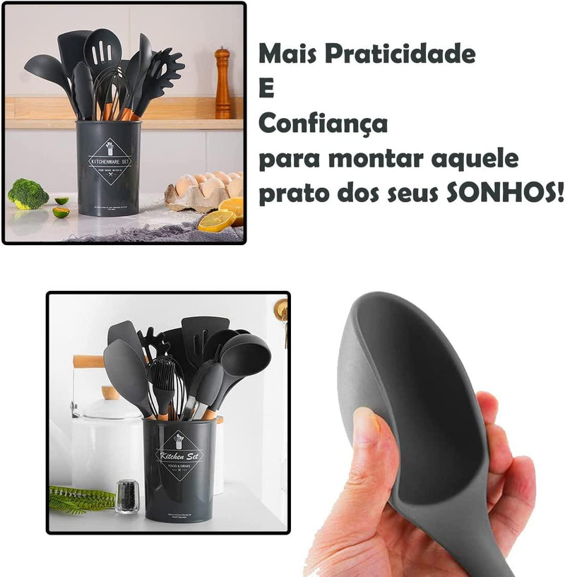 Kit com 12 Utensílios De Cozinha em Silicone e Madeira de Bamboo - Loja FT