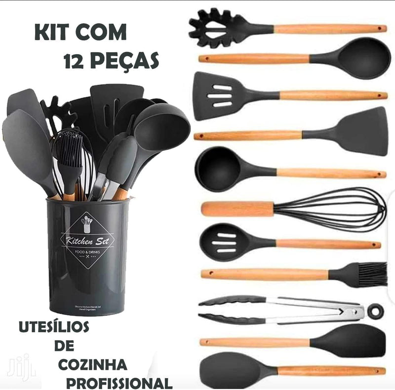 Kit com 12 Utensílios De Cozinha em Silicone e Madeira de Bamboo - Loja FT