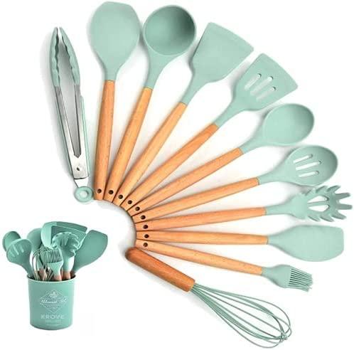 Kit com 12 Utensílios De Cozinha em Silicone e Madeira de Bamboo - Loja FT